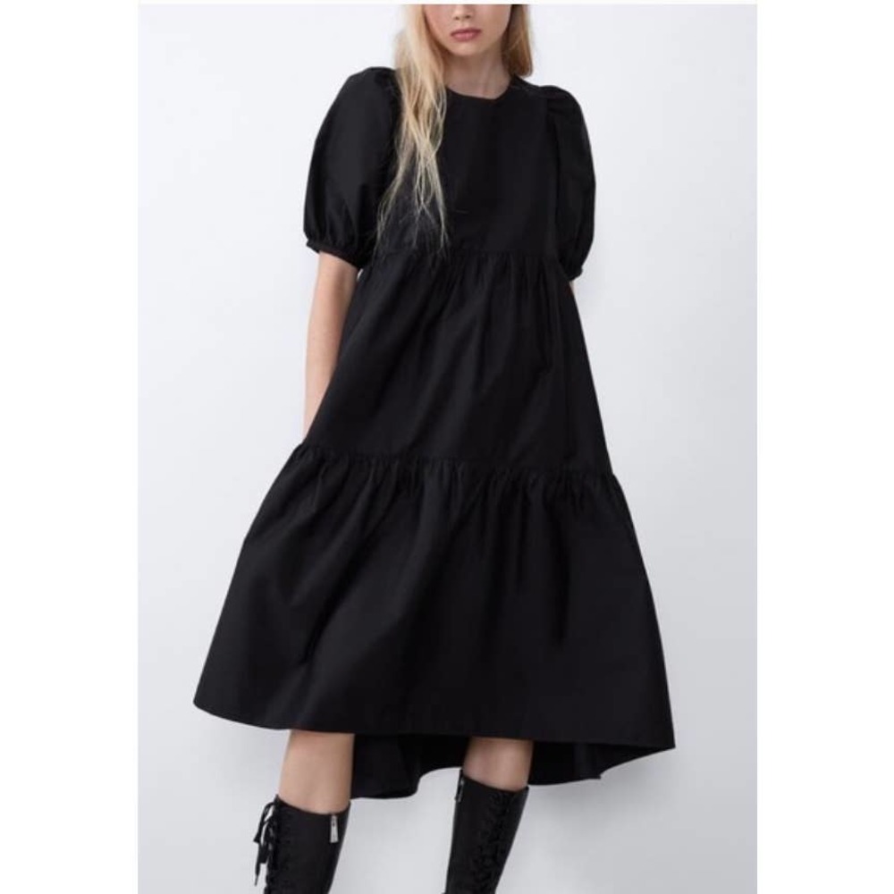 Zara Black Poplin Tiered Puff Sleeved Dress NWT XS